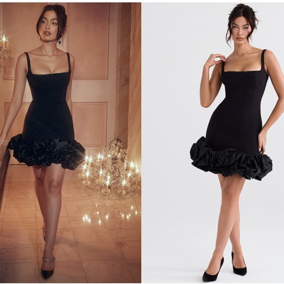 HOUSE OF CB 'Lilou' Black Ruffle Square Neck Minidress NWOT - Picture 1 of 7
